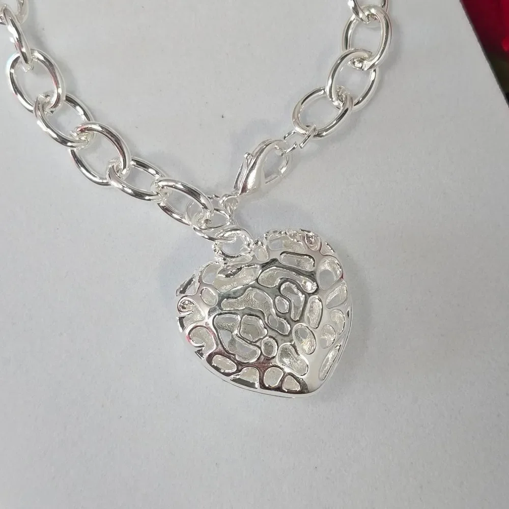 Puffy Filigree Heart Bracelet Stainless Steel Chunky Chain Love Romantic Gift